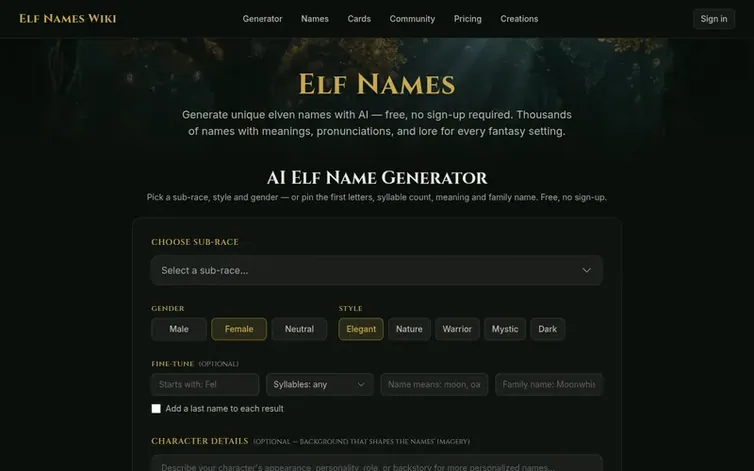 Screenshot of the Elf Names Wiki homepage