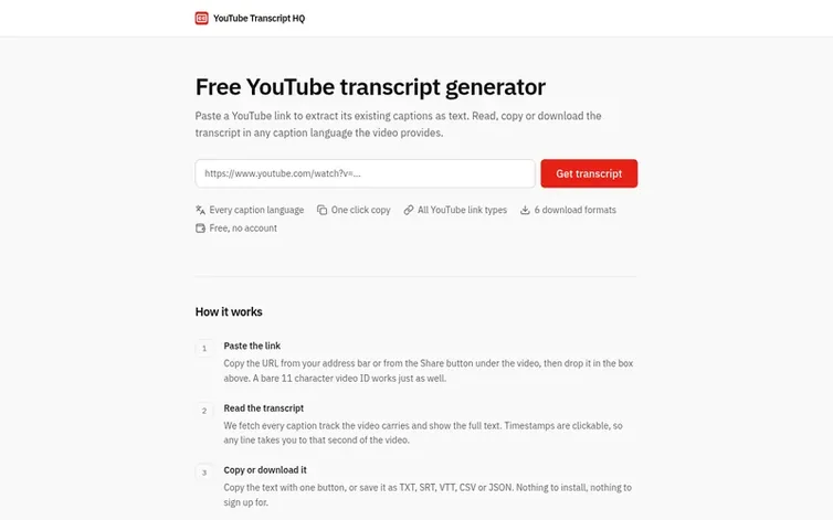 Screenshot of the YouTube Transcript HQ homepage