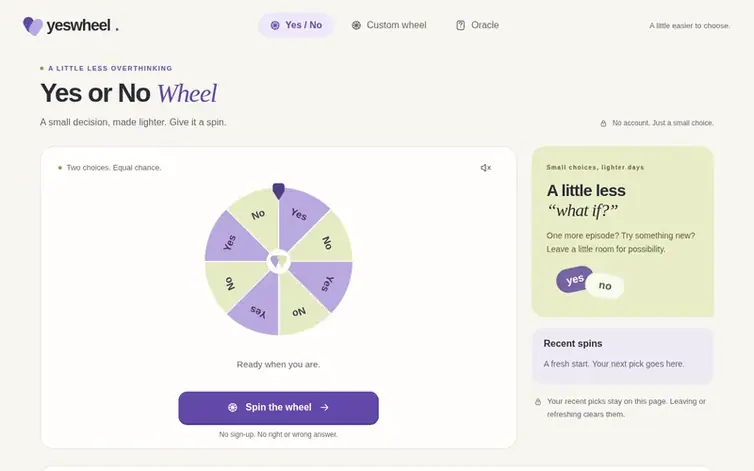 Screenshot of the YesWheel homepage