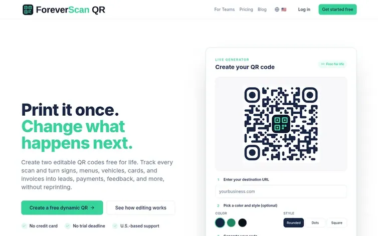 Screenshot of the ForeverScan QR homepage