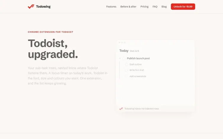 Screenshot of the Todowing homepage