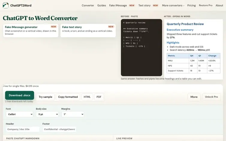 Screenshot of the ChatGPT2Word homepage