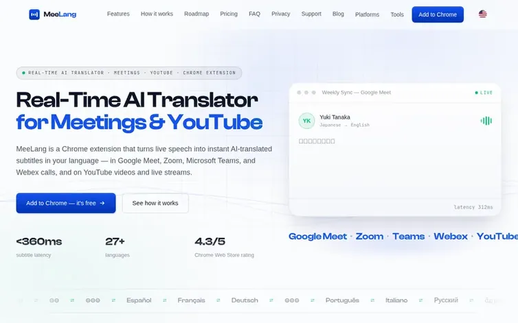 Screenshot of the MeeLang homepage