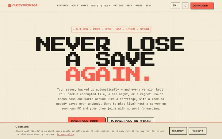 Screenshot of the Checkpoint64 homepage