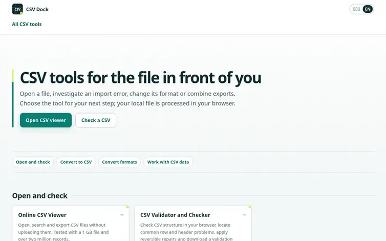 Screenshot of the CSV Dock homepage