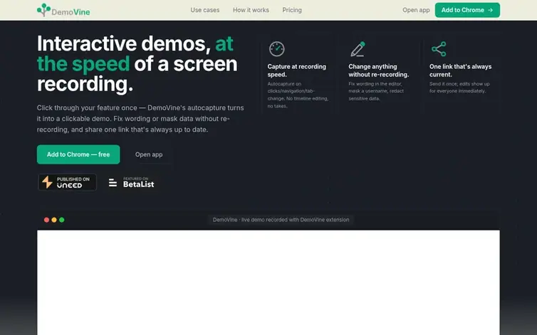 Screenshot of the DemoVine homepage