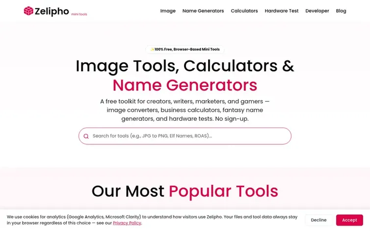 Screenshot of the Zelipho homepage