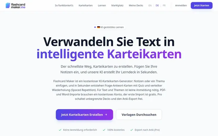 Screenshot of the Flashcard Maker homepage