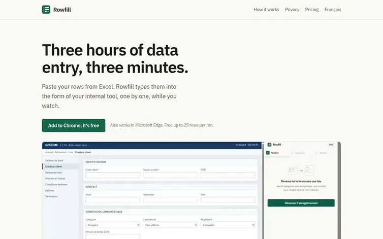 Screenshot of the Rowfill homepage