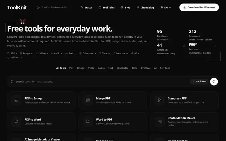 Screenshot of the ToolKnit homepage
