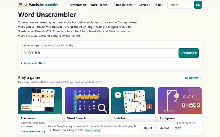 Screenshot of the Words Unscrambler homepage