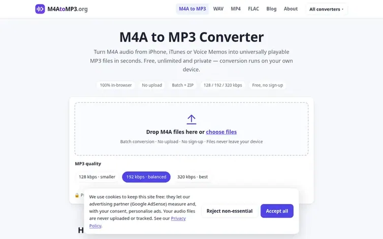 Screenshot of the M4A to MP3 Converter homepage