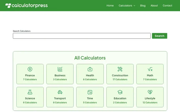 Screenshot of the CalculatorPress homepage
