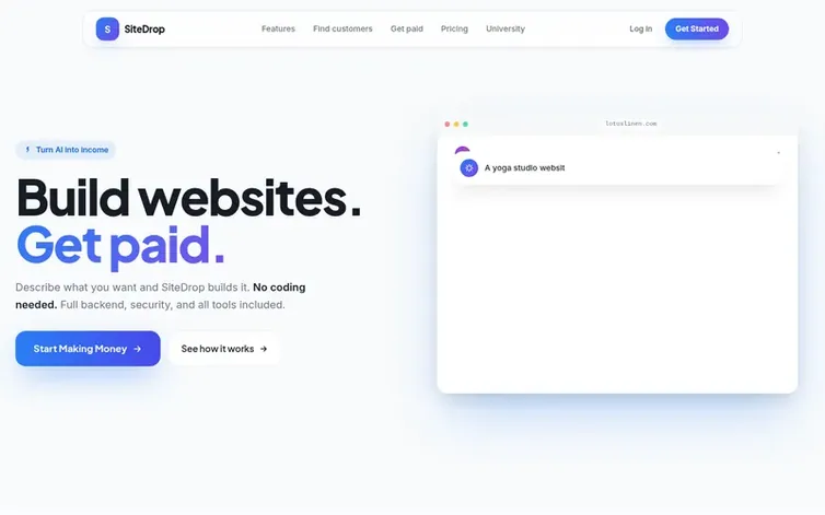 Screenshot of the SiteDrop homepage