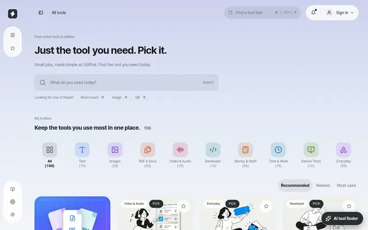 Screenshot of the UtilPick homepage