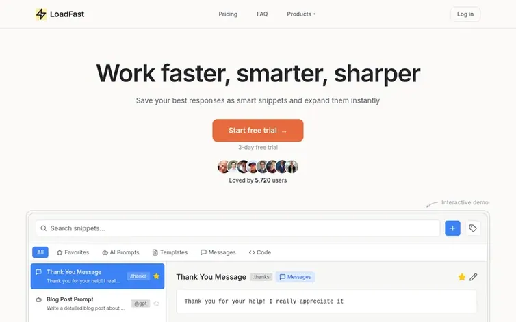 Screenshot of the LoadFast homepage