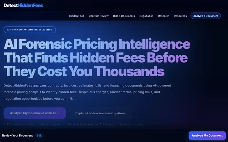 Screenshot of the DetectHiddenFees homepage