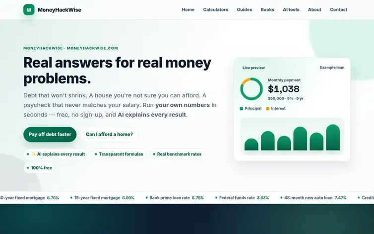Screenshot of the MoneyHackWise homepage