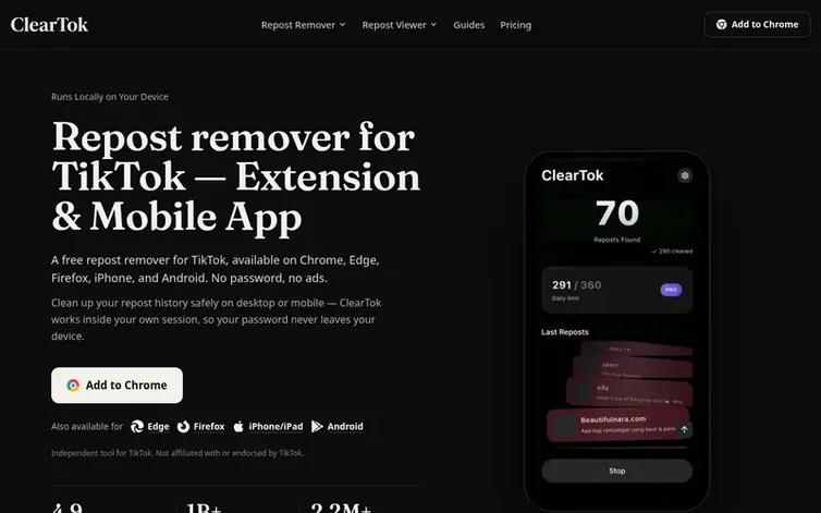 Screenshot of the ClearTok homepage