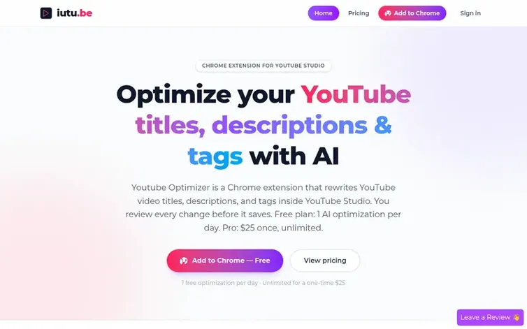 Screenshot of the Youtube Optimizer homepage