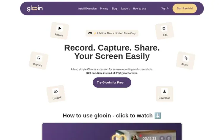 Screenshot of the Glooin homepage