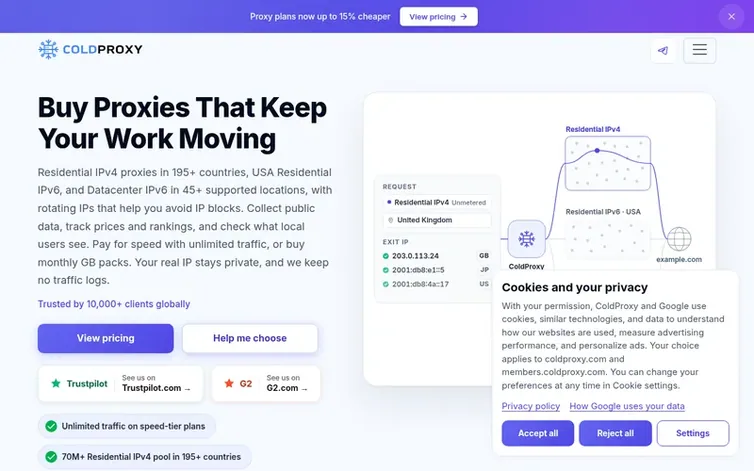 Screenshot of the ColdProxy homepage