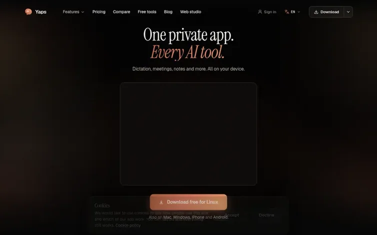 Screenshot of the Yaps homepage