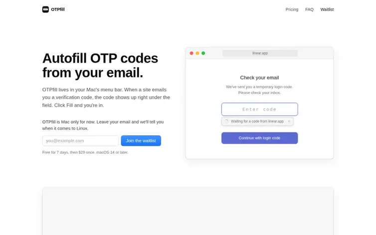 Screenshot of the OTPfill homepage