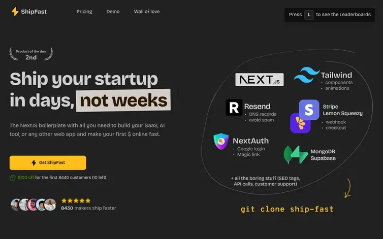 Screenshot of the ShipFast homepage