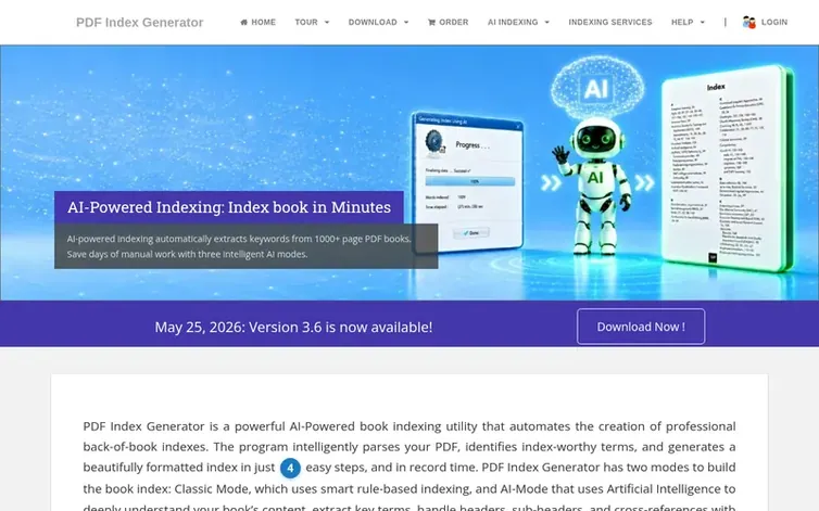 Screenshot of the PDF Index Generator homepage