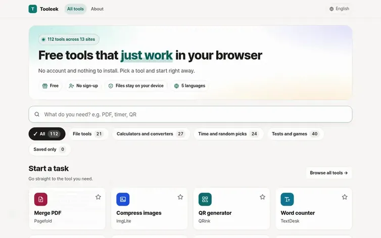 Screenshot of the Tooleek homepage