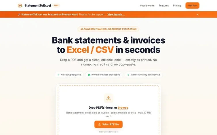 Screenshot of the StatementToExcel homepage