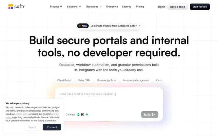 Screenshot of the Softr homepage