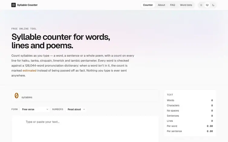 Screenshot of the Syllable Counter homepage