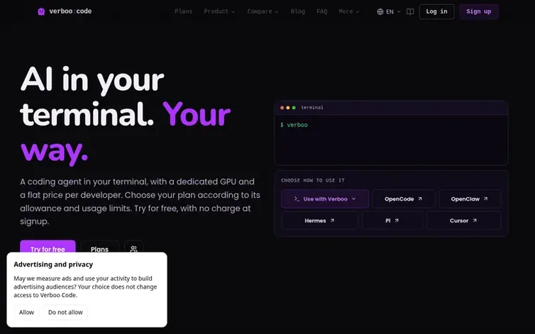 Screenshot of the Verboo Code homepage
