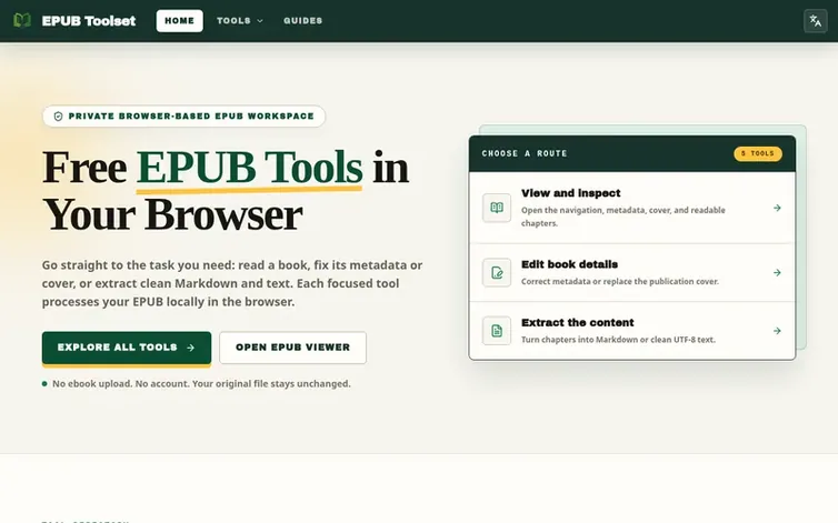 Screenshot of the EPUB Toolset homepage