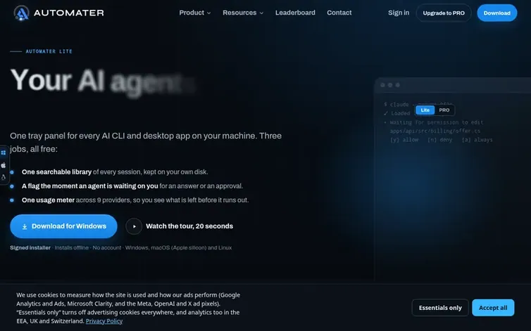 Screenshot of the Automater homepage