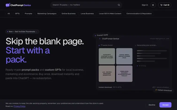 Screenshot of the ChatPrompt Genius homepage