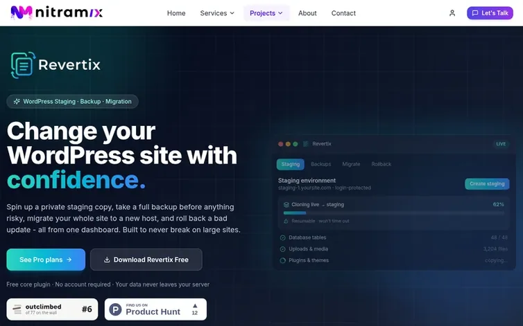 Screenshot of the Revertix homepage