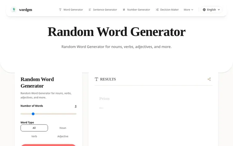 Screenshot of the WordGen homepage