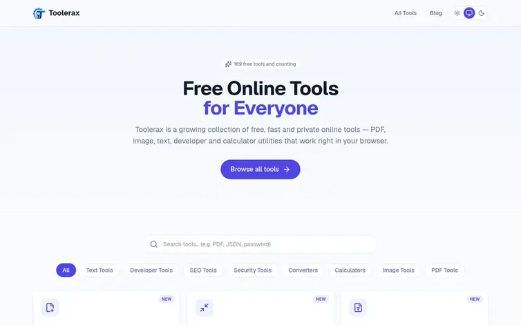 Screenshot of the Toolerax homepage