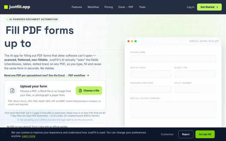 Screenshot of the JustFill homepage