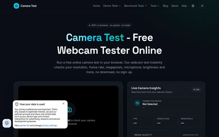 Screenshot of the Camera Test homepage