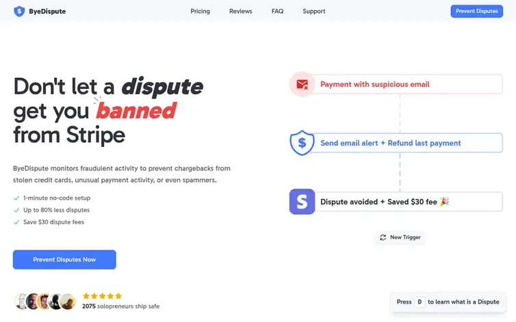 Screenshot of the ByeDispute homepage