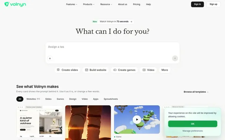 Screenshot of the Volnyn homepage