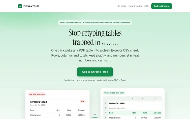 Screenshot of the PDF to Excel homepage