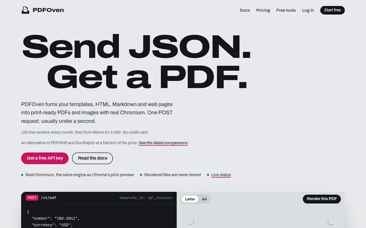Screenshot of the PDFOven homepage