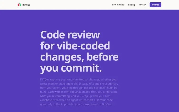 Screenshot of the DiffCue homepage