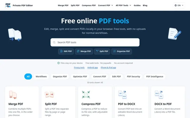 Screenshot of the Private PDF Editor homepage