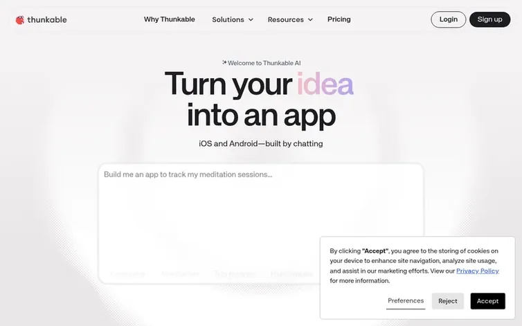 Screenshot of the Thunkable homepage